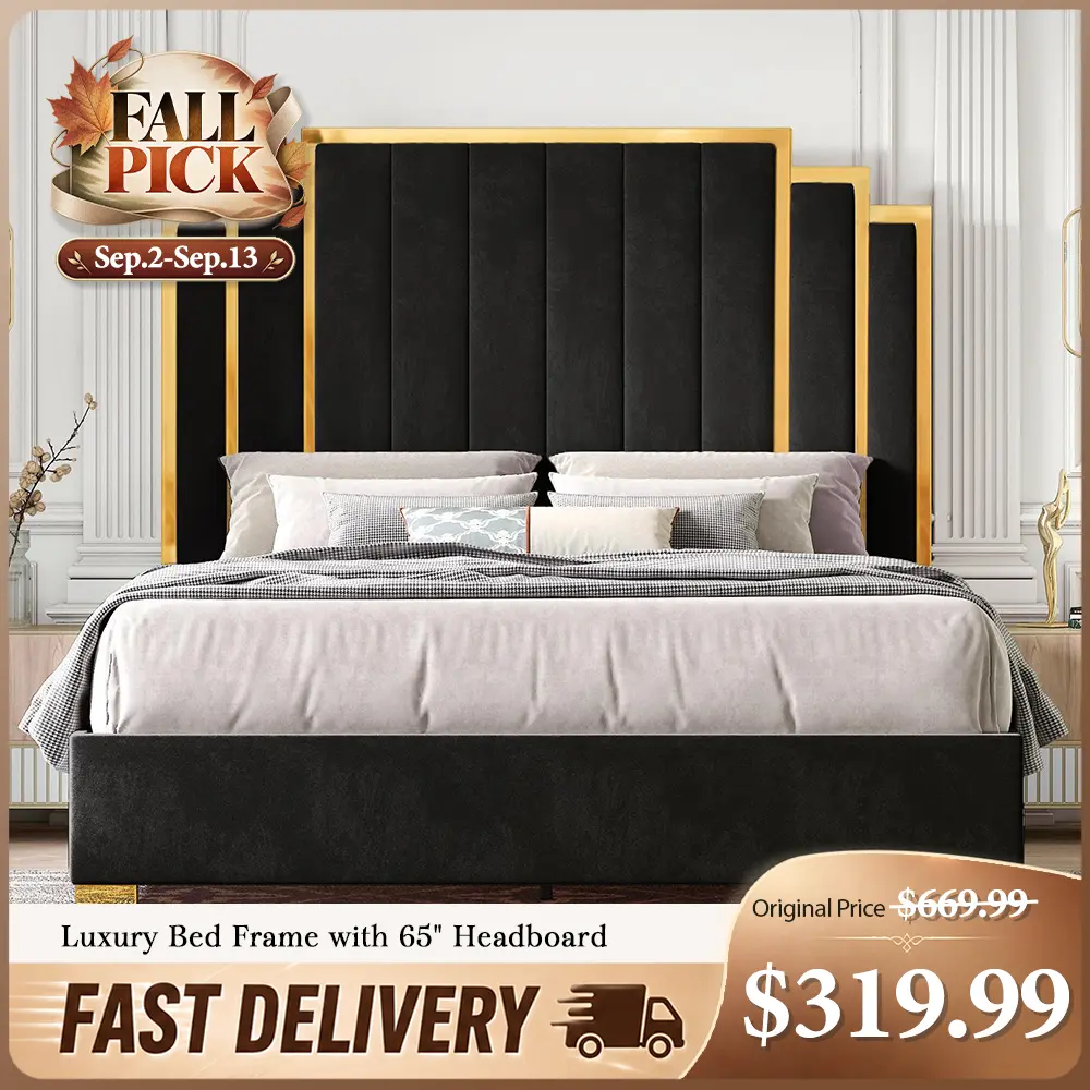 AMERLIFE Bed Frame with 65" Headboard, Upholstered Platform Bed with Golden Plating Trim, Modern Luxury Bed Frame, No Box Spring Needed/No Mattress/Queen/King//Unique Bedroom Furniture/Best Gift Ideas/Christmas Gifts[tiktokshopbacktoschool][SohoChic]