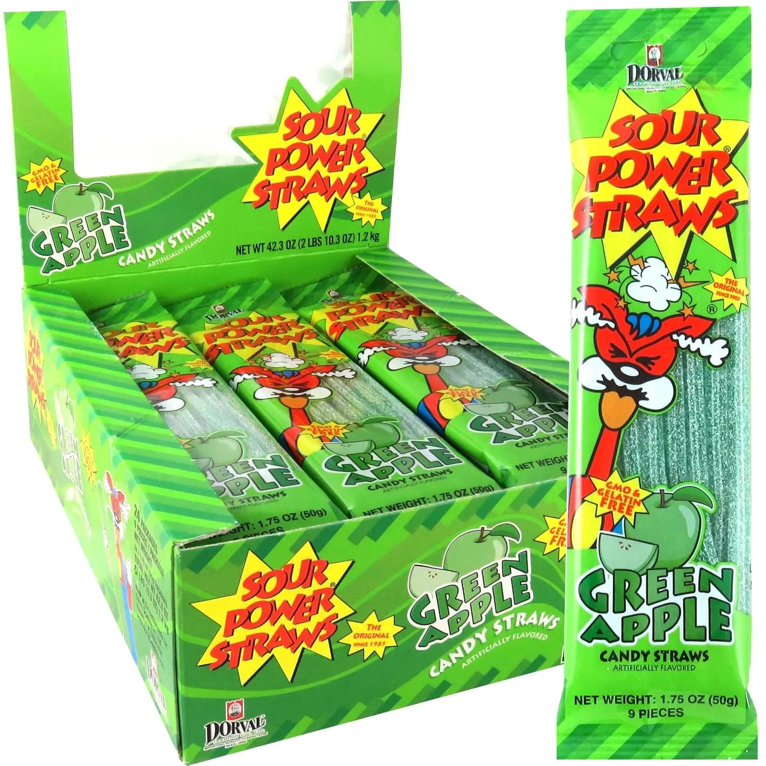 Sour Power Green Apple Straws 24 ct. - Soft Chewy Licorice-like Straws Coated in Sour Sugar Crystals with Green Apple Flavor  - 24 Count Pack Candy Sweet