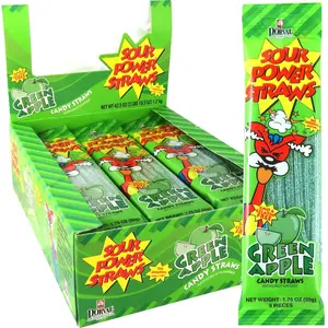 Sour Power Green Apple Straws 24 ct. - Soft Chewy Licorice-like Straws Coated in Sour Sugar Crystals with Green Apple Flavor  - 24 Count Pack Candy Sweet