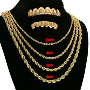 14K Hip Hop Rope Chain Necklace 18, 20, 24 Gold Plated Finish + Top and Bottom Teeth Grillz