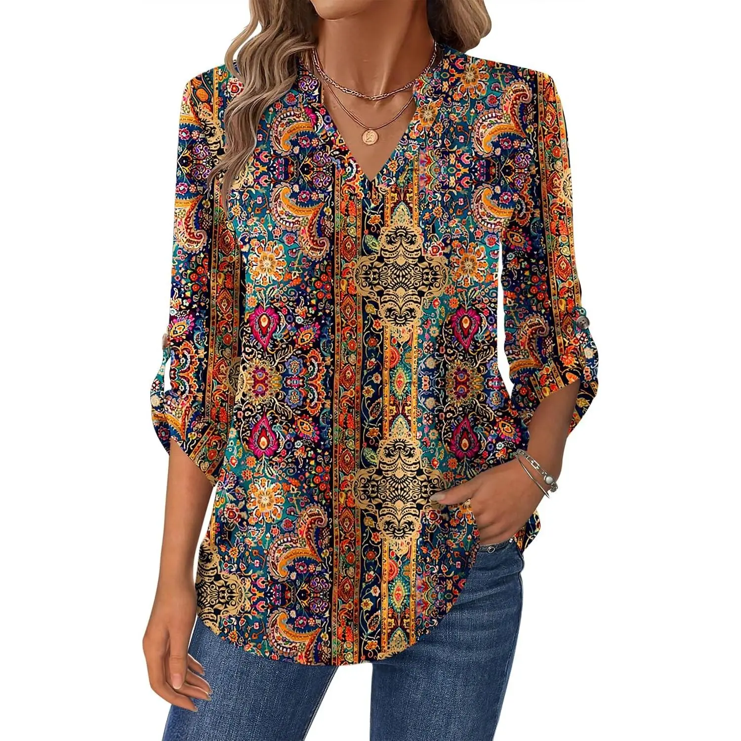 Women's Roll Up Long Sleeve V Neck Tops Dressy Casual Work Blouses Shirts S-2XL(Gift)