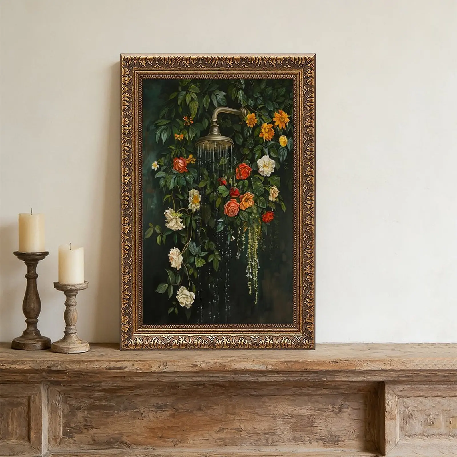 Floating Floral Shower Wall Art - Vintage Botanical Flower Canvas Print, Romantic Garden Roses & Waterfall Flower Painting Decor, Nature-Inspired Home Decoration for Bathroom, Living Room