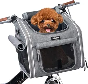 BABEYER Dog Bike Basket, Expandable Soft-Sided Pet Carrier Backpack with 4 Open Doors, 4 Mesh Windows for Small Dog Cat Puppies-Grey