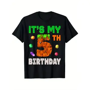 It's My 5th Birthday Pixel Game T-Shirt for Boys & Girls - Black Cotton Tee with Colorful Gemstone Design, Casual Round Neck, Perfect for Ages 5-13