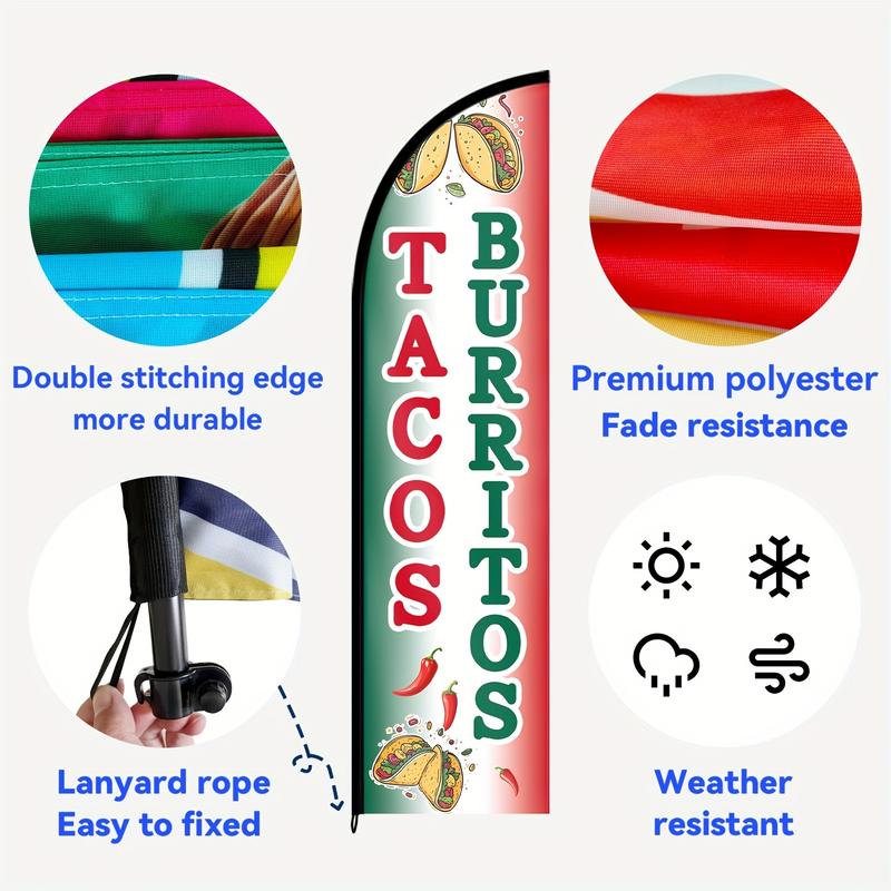 1pc Tacos Burritos Feather Flag, Mexican Food Banner, Taco Truck Sign, Street Food Advertising Flag, Fast Food Outdoor Display, Food Stand Feather Sign, Polyester Fabric, Flag Only, No Pole