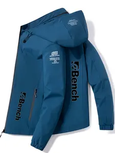 Men's Lightweight Polyester Fashion Hooded Jacket, Bench Letter Print, Front Zipper, Casual Outdoor Spring Fall Summer Coat
