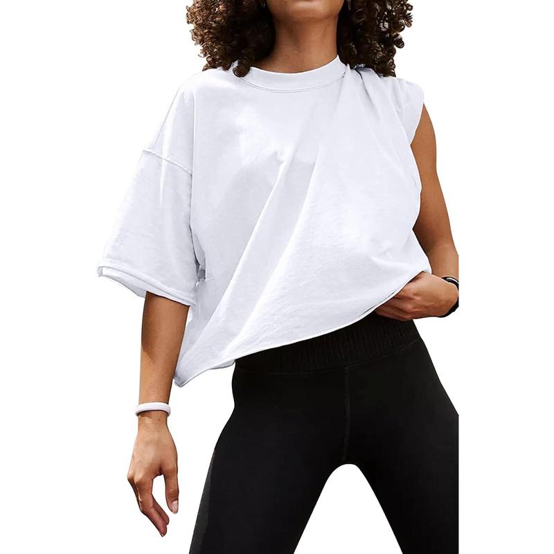 Women's Oversize Workout Crop Tops Casual Short Sleeve Drop Shoulder Boxy T-Shirts Roll Hem Basic Loose Running Tees