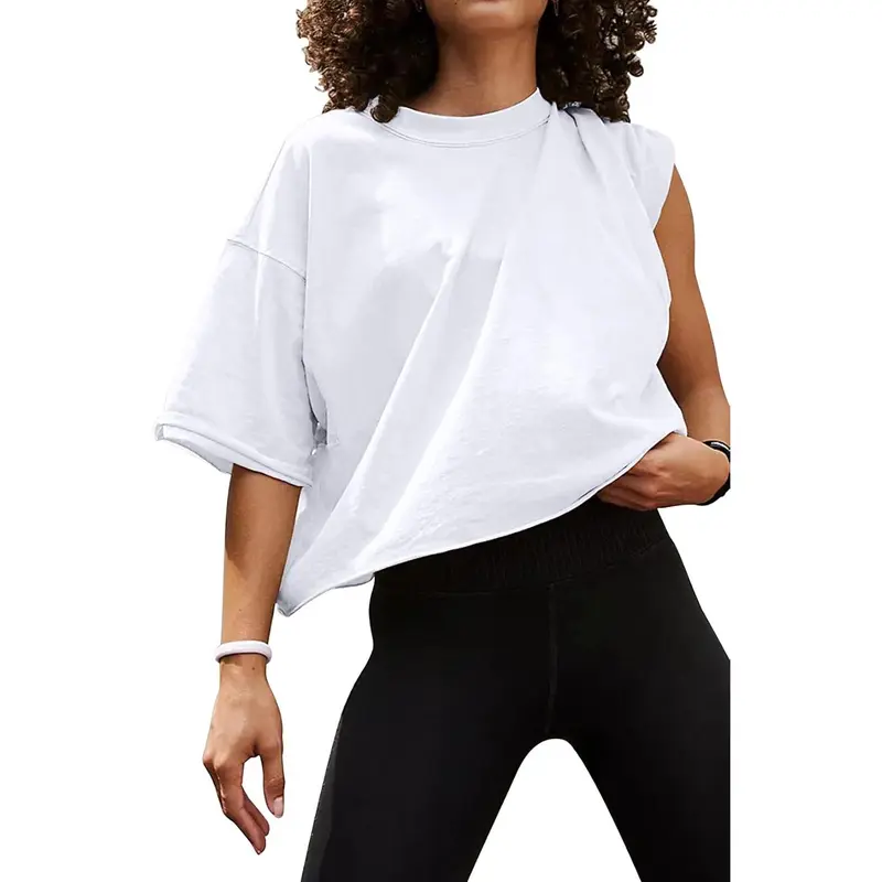Women's Oversize Workout Crop Tops Casual Short Sleeve Drop Shoulder Boxy T-Shirts Roll Hem Basic Loose Running Tees