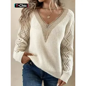 Women's Colorblock Contrast Lace Hollow Out Fitted Sweater, Casual Chic Drop Shoulder Long Sleeve V Neck Jumper for Fall & Winter, Fashion Ladies' Knitwear for Daily Wear, Sweaters for Women, Fall SweatersRAIMENTRY