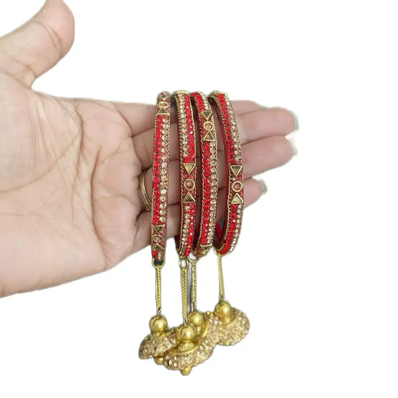 Traditional Glass Bangle Set for Women - Shiny 4-Piece Stack with Rhinestones, Dotted Accents & Dangling Latkan Beads