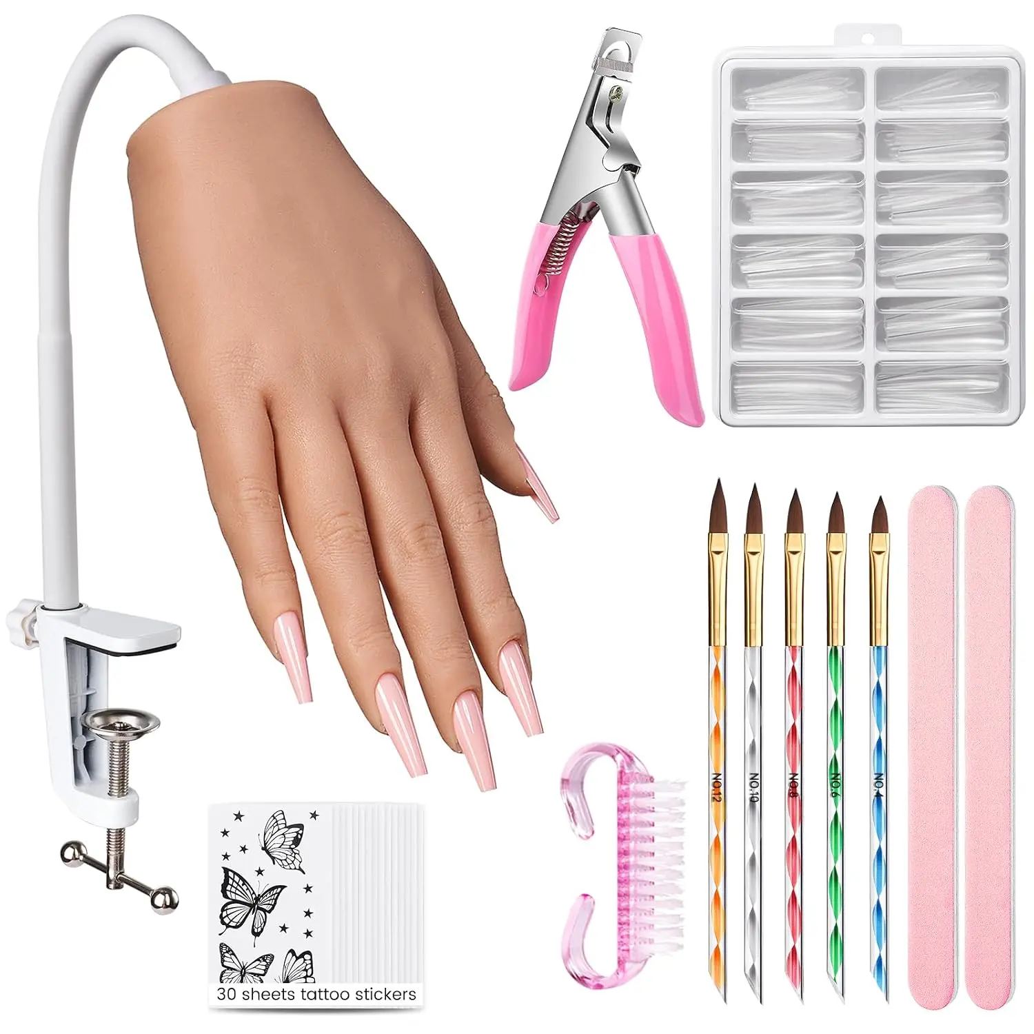 Silicone Practice Hand for Acrylic Nails- Flexible Right Hand for Beginners | Realistic Silicone with Deep Grooves, Adjustable Clamp, Bendable Fingers, 30 Tattoo Stickers for Salon Home