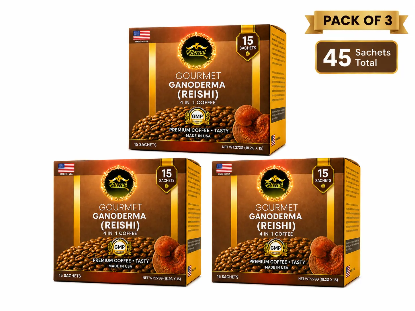 Eternal Spirit Beauty - Asian Latte Coffee Ganoderma Singles, 15 Packets (0.64 oz) – Instant Coffee Mix with Reishi Mushroom, Creamy Light Roast, Travel-Friendly Sachets, 3 Pack (45 Sachets)