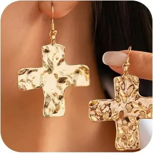 Chunky Hammered Cross Dangle Earrings for Women, Bold Large Cross Drop Hook Earrings, Fashion Faith Jewelry