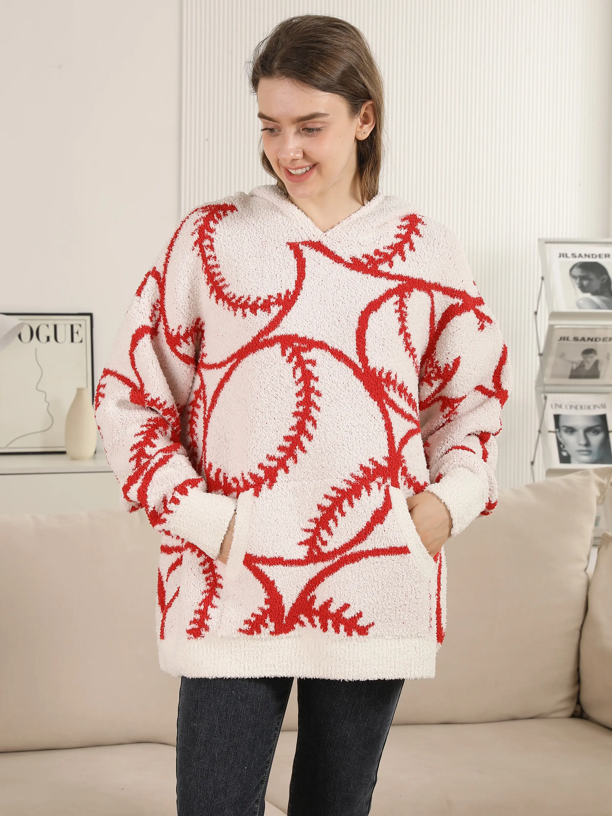 ComfyLuxe Baseball Pattern Luxury Soft Hooded Sweater w/ Front Pocket