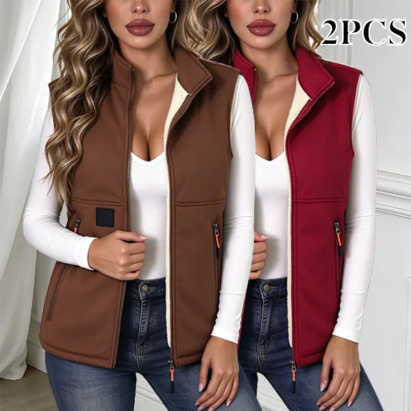 Women’s 2-Pack Sherpa-Lined Stand Collar Vests, Full-Zip Warm Sleeveless Softshell Jackets, Windproof Casual Outerwear with Side Zipper Pockets