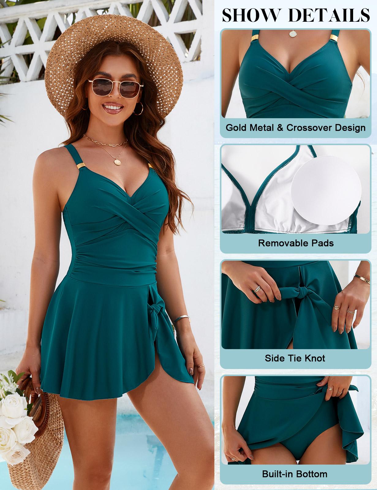 Womens Tummy Control Swimwear One Piece Skirted Swimsuit V Neck Adjustable Shoulder Straps Swimming Dress