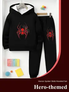 Boys' Spiderweb Hoodie Set, Hero Theme Two-Piece, Casual Spring Fall Kids Clothing, Fitted Superhero Costume
