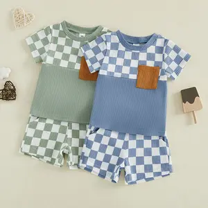 Babamoon Kids Toddler Baby Boys Summer Waffle Outfits Set Checkerboard Print Patchwork Short Sleeves T-Shirt Tops and Shorts Set for 2 Piece Clothes