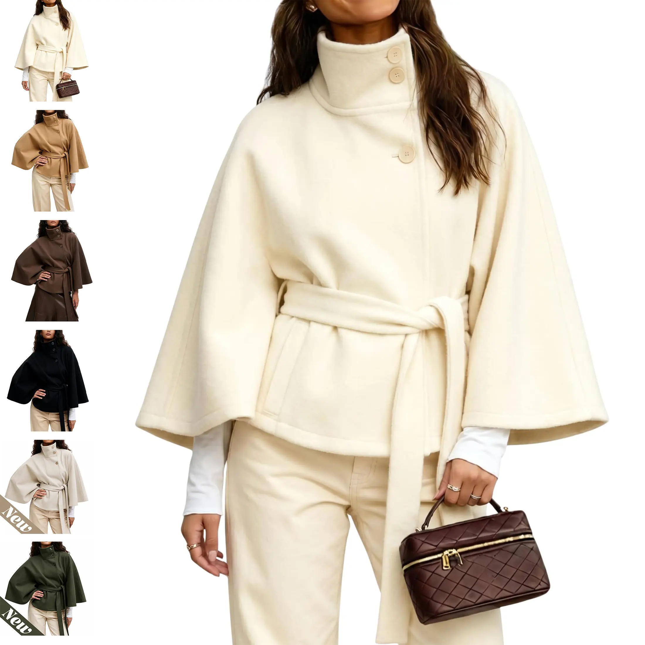 Buenoble Women Wool Blend Stand Collar Poncho Coat, Batwing Sleeve Belted Waist Cropped Winter Jacket, Casual Wrap Short Overcoat For Fall Winter