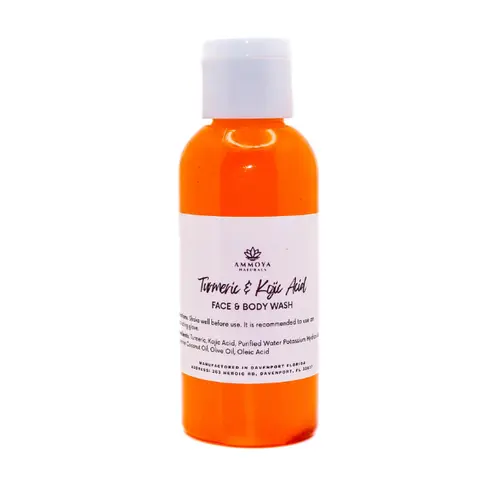 Ammoya Naturals Kojic Acid Turmeric Brightening Body Wash - Nourishing, Gentle, Nontoxic US Natural Bath Products, 2 fl oz Liquid Bath & Shower Cleanser with Olive, Coconut