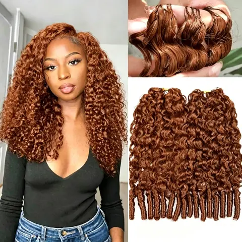 Female MYLOCKME Crochet Human Hair Extensions - Burmese Reddish Brown Curly Locks, Knotless Feather-Light Bohemian Knotless Braids Strands, Pre-Separated Curly Weave Extensions, 40 Strands/Pack, 14-22 in, for Natural Hair Protective Braids