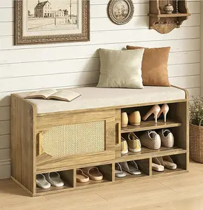 39.4" Shoe Storage Bench with Seating, 3-Tier Rattan-Style Shoe Bench, Shoe Rack Bench with Sliding Door, 4 Open Compartments and Adjustable Shoe Shelves, for Entryway, Hallway, Natural Pecan