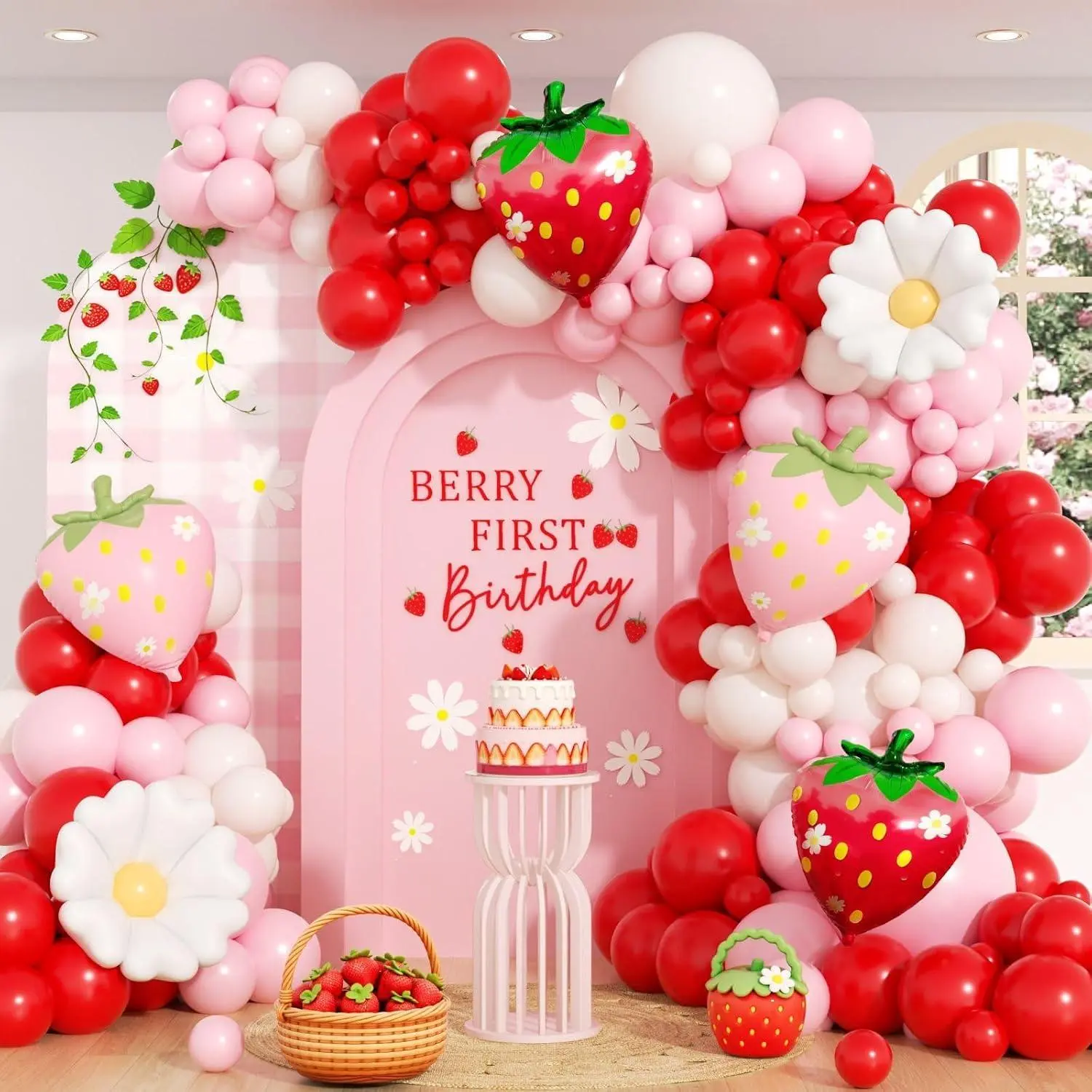121Pcs Strawberry Balloon Arch Kit With Sand White Red And Pink Balloons For Strawberry Baby Shower Birthday Party Decoration