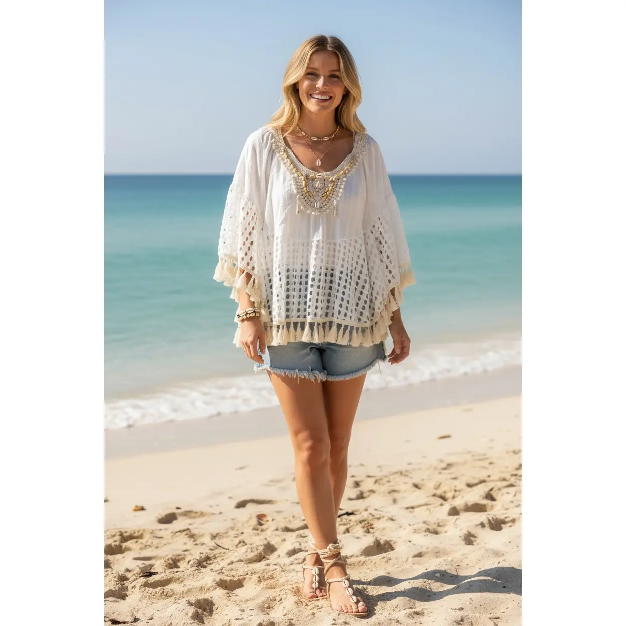 White Seashell Coastal Wave Tassel Top