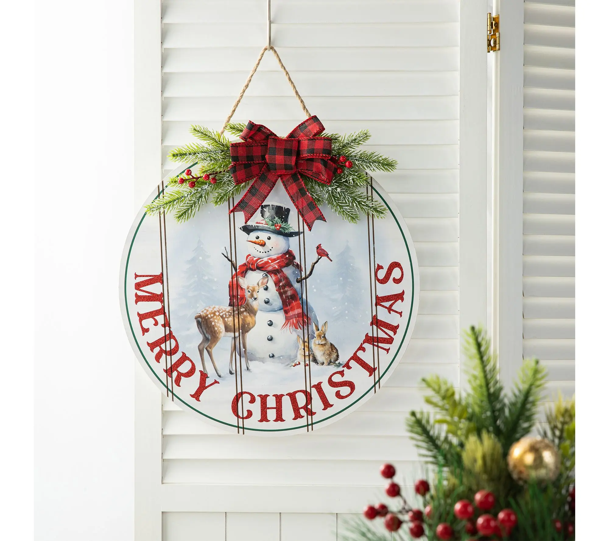 Glitzhome 15"D Wooden Christmas Round Word SignDoor Hanger