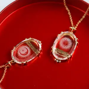 Transparent Crystal Pattern Tarot Necklace Vintage Tarot Sun Moon Exquisite Sweater Chain 18K