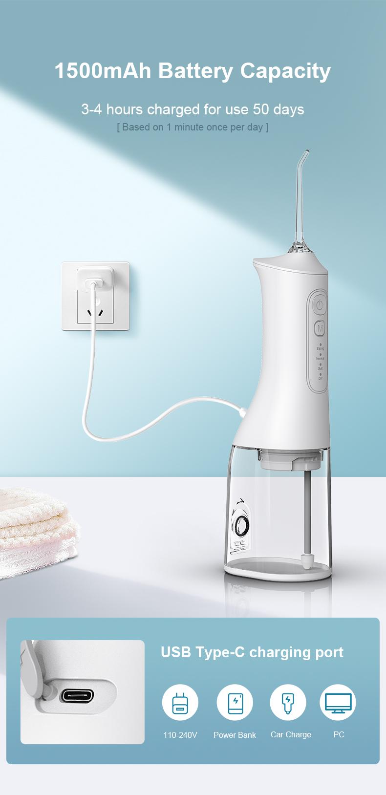 Portable Rechargeable Water Flosser 300ml Rechargeable Travel Water Flosser Featuring 4 Cleaning Modes  Suitable for Braces and Sensitive Teeth—Ideal for Home and Travel | Fast USB Charging