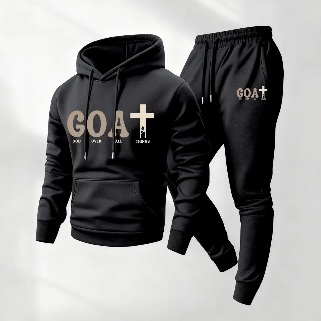 Men's 2-Piece Polyester Goat Cross Print Hoodie & Drawstring Sweatpants Casual Fashion Set - Loose-Fit Long Sleeve Fall Winter Daily Sports Tracksuit Mensfashion Clothing, Black, Loose Fit Set, 2 Piece Mens, Leisure Wear