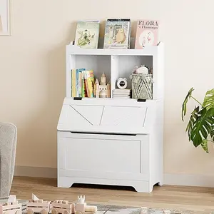 Kids Bookshelf and Toy Storage with Flip Top Lid, Wooden Toddler Bookcase Cabinet with Cubbies, Toy Storage Organizer with Bookshelf for Playroom Bedroom Nursery Classroom