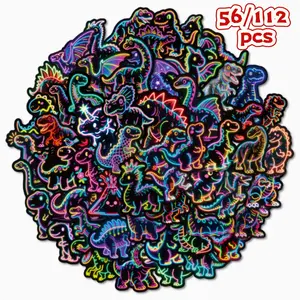 112/56pcs Set of Neon and Fluorescent Dinosaur Stickers: Cute, Waterproof Decorations for Kids' Notebooks,Laptops,Suitcases,and Guitars; Cyberpunk-Style Neon Dinosaur Stickers in Various Designs; Trendy and Cool Stickers for Everyday Decor;Suitable for 3+