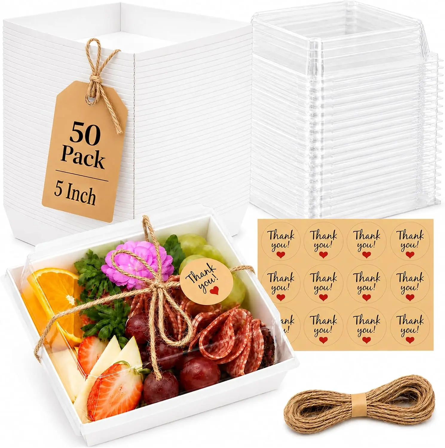 50 Pack Charcuterie Boxes with Clear Lids, Thank You Stickers and Jute Twine, Disposable Square Paper Food Containers for Dessert, Fruit, Snack, Picnic and Party Food Packaging