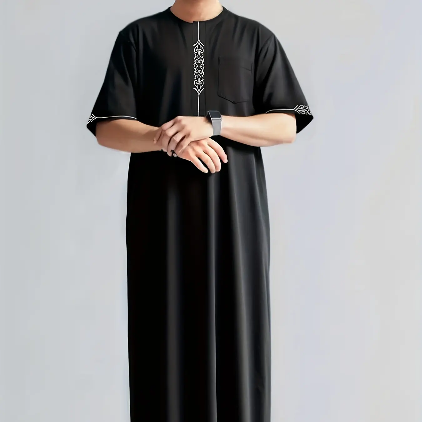 Simple and casual cotton-linen embroidered men's clothing, round-neck versatile design, soft and comfortable long style