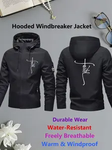 Womens Hooded Windbreaker Jacket "faith" Handwritten Cross Front-Back Print Outdoor Coat Stand Collar Loose Warm Windproof for Daily Commute Hiking Camping Breathable Durable Water-Resistant Lightweight All Season Outerwear Practical Pockets