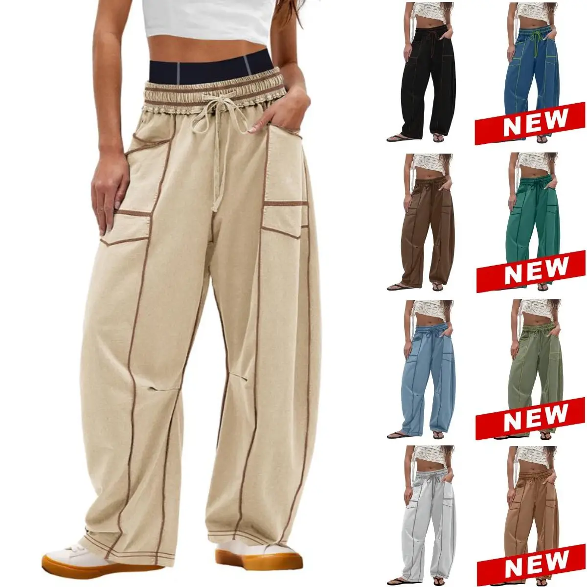 Yeokou Womens Baggy Wide Leg Pants Casual Summer Palazzo Pants Drawstring Waist Lounge Pants with Pockets
