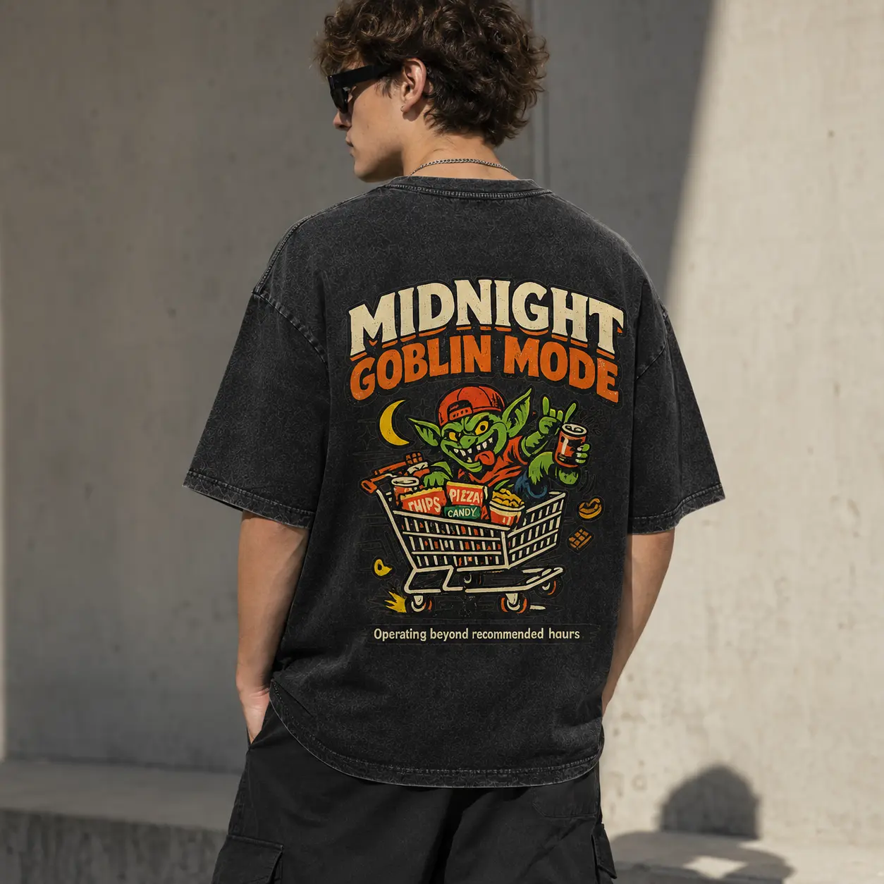 Men's Oversized Vintage Washed Graphic T-Shirt, Midnight Goblin Mode Back Print Tee, Relaxed Fit Short Sleeve Streetwear Top, Unisex Casual Shirt for Daily Wear, Concerts, Travel & Weekend Outfits