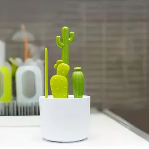 Four-in-one multifunctional cute cactus bottle brush set, creative no-dead-angle brush cactus design, multifunctional cactus cup brush, pacifier brush, bottle cleaning brush, straw brush