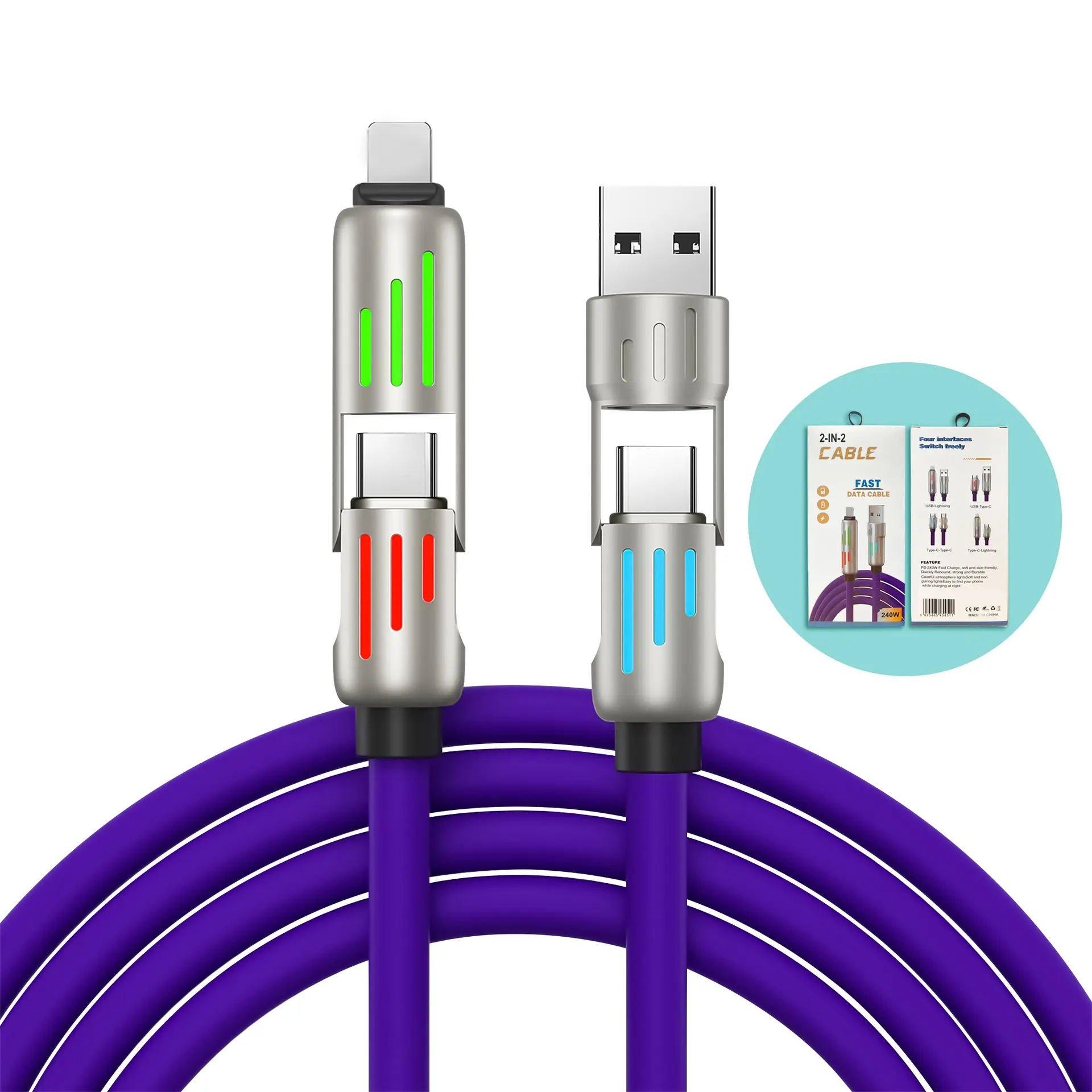 1 phone 4 chargers,240W USB-C cable - 5A PD fast charging, aluminum alloy, breathing light, 4-in-1 data synchronization compatible with USB A, TYPE C, iPhone 15/14, iPad Pro, Samsung and laptops