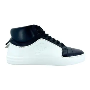 Chanel CC Mid Top Calf Skin Trainer Black White