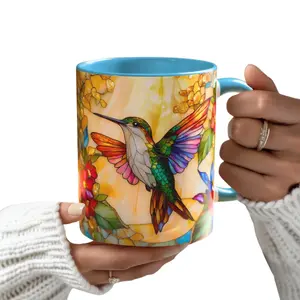 Stained Glass Hummingbird Floral Mug, Bohemian Style Coffee Cup Design, Bird Lover Gift for Women and Nature Fans, Aesthetic Ceramic Drinkware for Home Decor, Daily Tea and Coffee Mug Style
