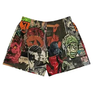 Horror Graphic Mesh Shorts for Men, Creepy Character Print Breathable Athletic Basketball Shorts, Unisex Streetwear Summer Gym Running Drawstring Shorts
