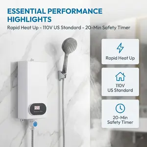 3500W Electric Tankless Water Heater Shower Head Set with LCD Display, Instant Hot Water, Easy Installation for Bathroom, Kitchen & RV (White)