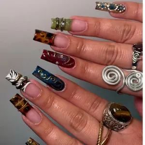 Vintage Eclectic Aura Press On Nails, Tortoiseshell French Tips, Jewel Accent Details, Mixed Gem Colors, Gold Swirl Art, Retro Boho Luxury Style, Handmade Custom Nails, Statement Look