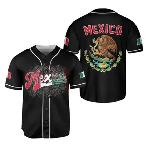 Mexico Baseball Jersey Black Aztec Sun Calendar Golden Eagle Coat Of Arms Mexican Flag Unisex Oversized Summer Streetwear Casual Festival Shirt Men Women