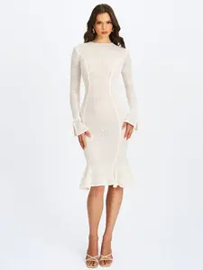 Pamina Beige Crochet Long Sleeve Midi Flare Mermaid Dress