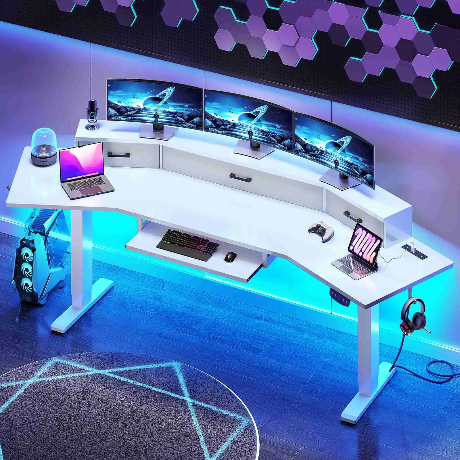 Sedeta 79'' Modern Electric Standing Gaming Desk - Sturdy Wood/Metal Computer Desk with 3 Storage Drawer Platforms, LED Lights, Height Adjustment, Power Outlet, Keyboard Tray, Supports 3pc, for Home Office, Sturdy Computer Desk, Adjustable Desk Mount