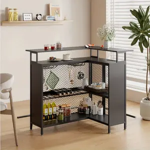 L-Shaped Bar Cabinet with LED Lights, 4-Tier Corner Bar Table with Wine Rack & Glass Holder, Liquor Cabinet with Storage Shelves for Kitchen, Dining Room, or Living Room